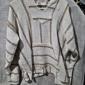 Cozy Cream Baja Hoodie Sweater with Multicolor Trim